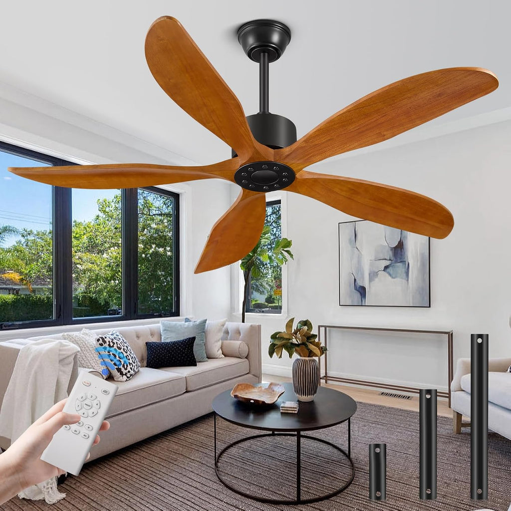 Yahada 52 Inch Ceiling Fan No Light with Remote, USA Original Patent Outdoor Ceiling Fans, 5 Wood Blades, 3 Downrods, Timer, 6 Speeds ETL DC Motor Fans for Patios Bedroom, Yellow Walnut