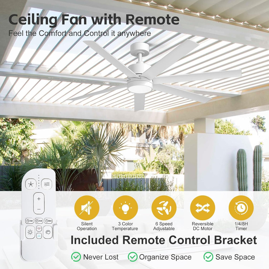 56 Inch Wet-Rated White Outdoor Ceiling Fan with Light, Modern 7 Waterproof Blades All-Weather Design, High CFM Quiet DC Motor, for Exterior Porch, Pergola & Gazebo