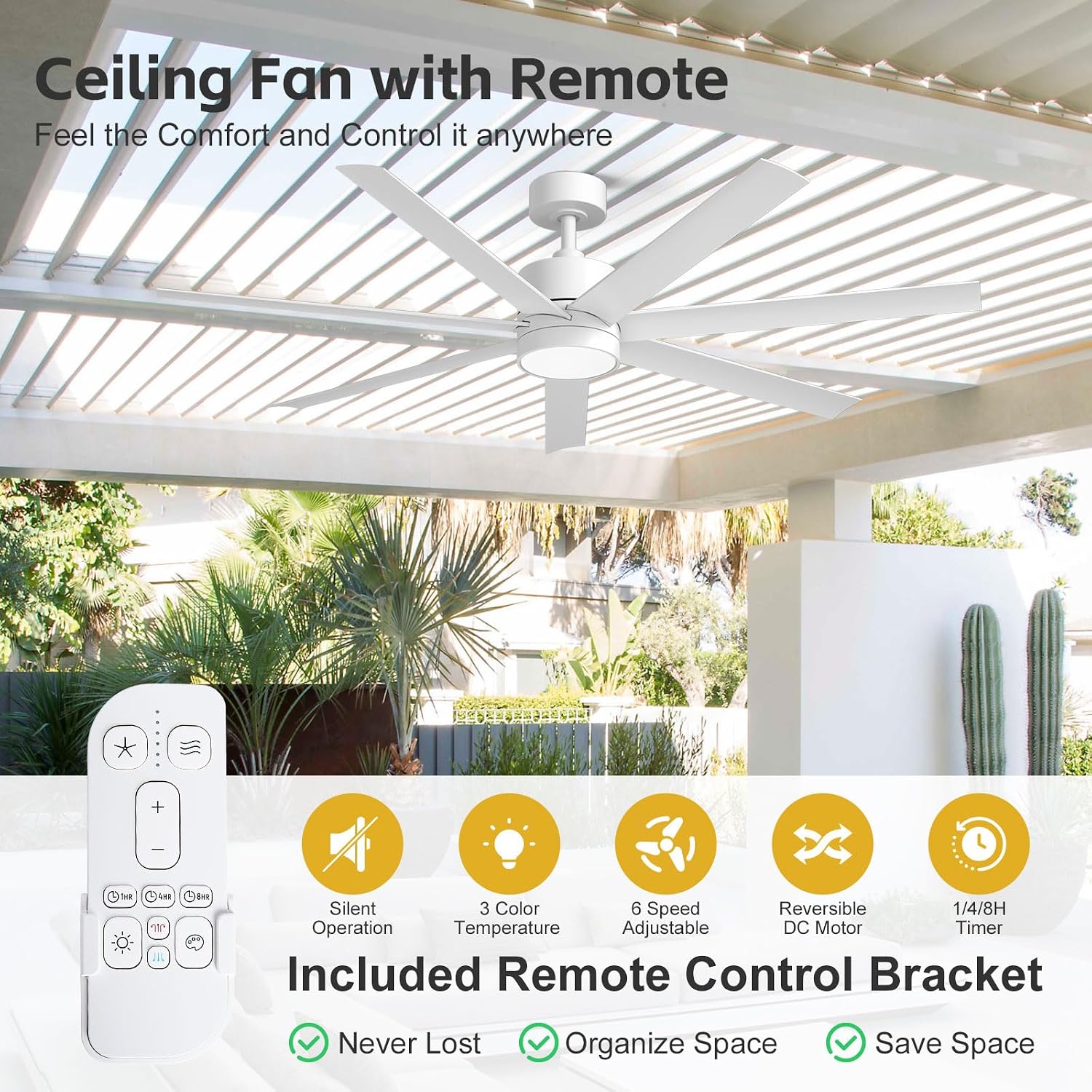 56 Inch Wet-Rated White Outdoor Ceiling Fan with Light, Modern 7 Waterproof Blades All-Weather Design, High CFM Quiet DC Motor, for Exterior Porch, Pergola & Gazebo