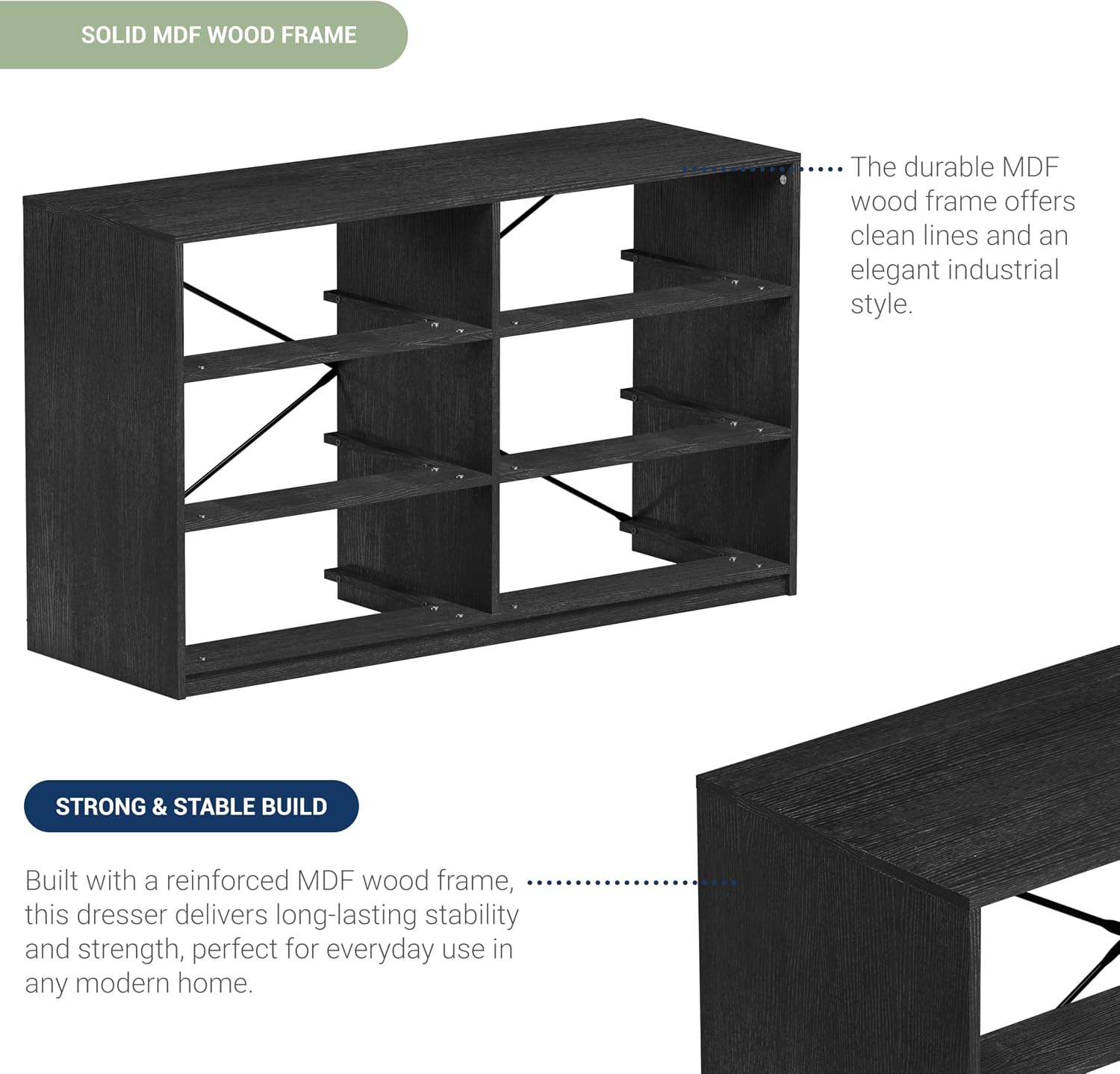 Modern 6-Drawer Dresser with Spacious Storage, Sturdy Wood Frame, Large Capacity Fabric Drawers, Dressers for Bedroom, Home Organization Storage for Living Room or Hallway, Black