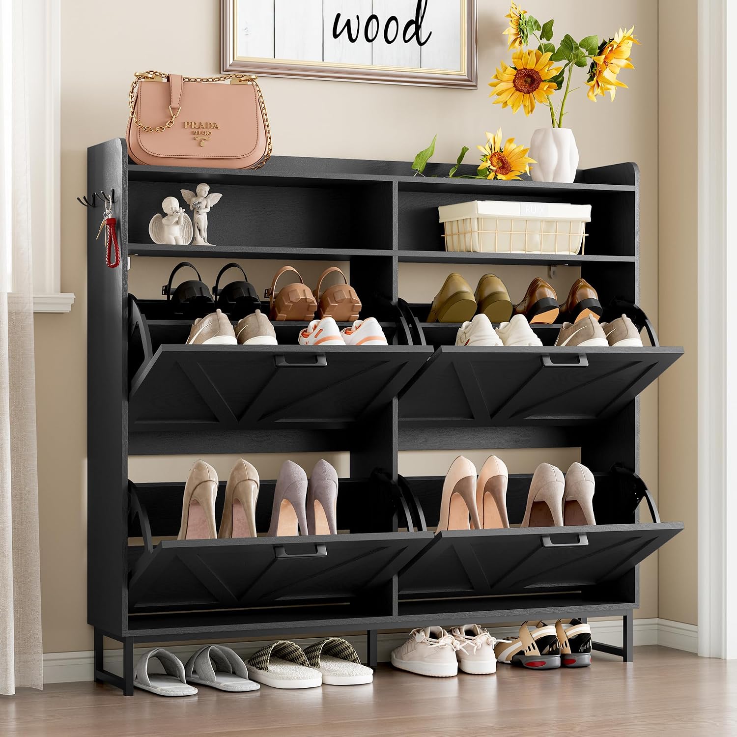 BORNOON Shoe Cabinet with 4 Flip Drawers Narrow Shoe Storage Cabinet Organizer Wooden Freestanding Shoe Rack Hidden Slim Shoes Storage Cabinet for Entryway, Hallway, Living Room, Bedroom