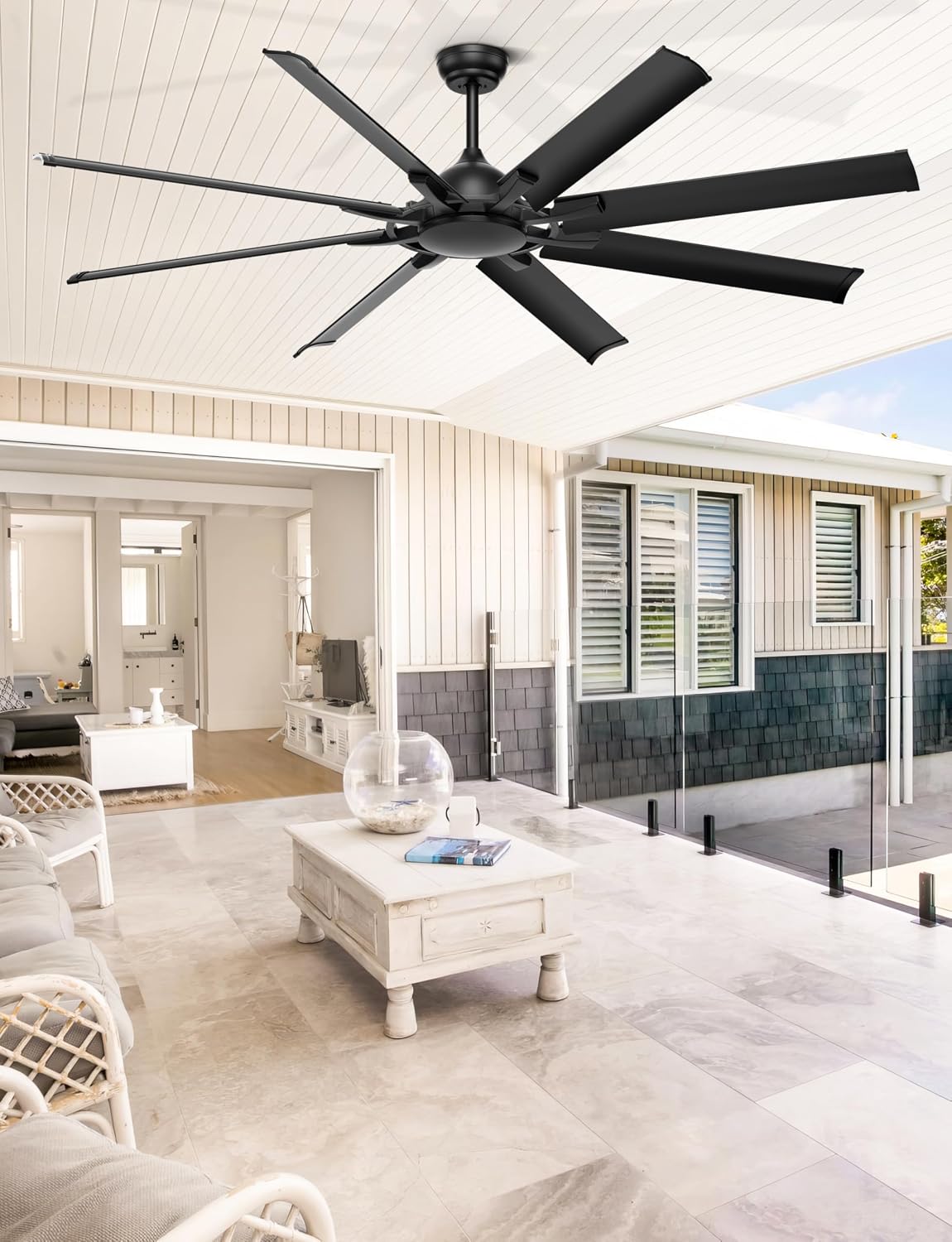 Ohniyou 72 Inch Ceiling Fan No Light - Remote & APP Control, Large Industrial Ceiling Fan with 8 Aluminum Blades, Quiet DC Motor for Living Room, Covered Outdoor, Shop, Garage, Black without Light