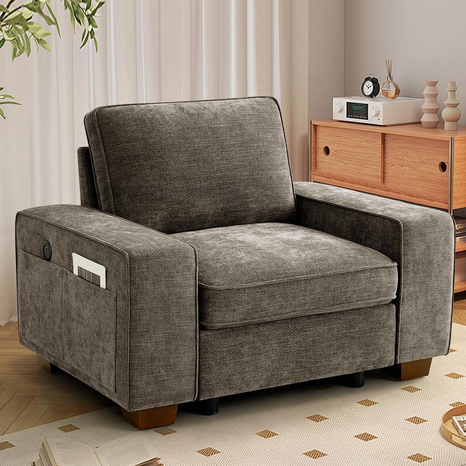 TEKAMON 45' Accent Chair with Seat Storage, Oversized Single Sofa Chair, Modern Chenille Fabric Armchair for Living Room/Office with Wide Armrests, Side Pockets, USB/Washable Covers(Brown)