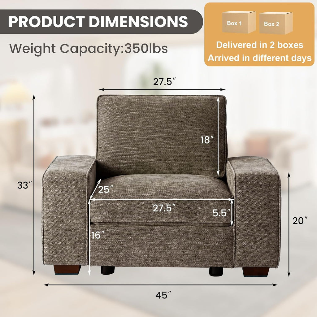 TEKAMON 45' Accent Chair with Seat Storage, Oversized Single Sofa Chair, Modern Chenille Fabric Armchair for Living Room/Office with Wide Armrests, Side Pockets, USB/Washable Covers(Brown)