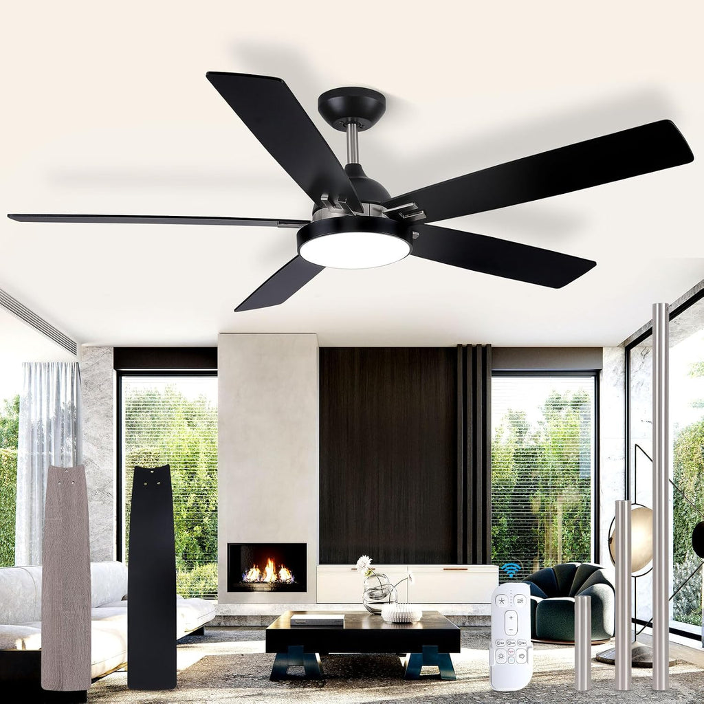 Ceiling Fan with Light and Remote, Outdoor Ceiling Fan with 6 Propeller Blade for Patio, Noiseless DC Motor, 60 Inch Rustic Farmhouse Ceiling Fan (Black 5 Blade Ceiling Fan Light)