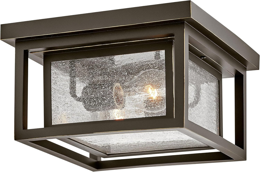 Hinkley Republic Small Flush Mount Outdoor Ceiling Light, Composite, Clear Seedy Glass Panes, Anti-Fading Finish, Oil Rubbed Bronze Finish