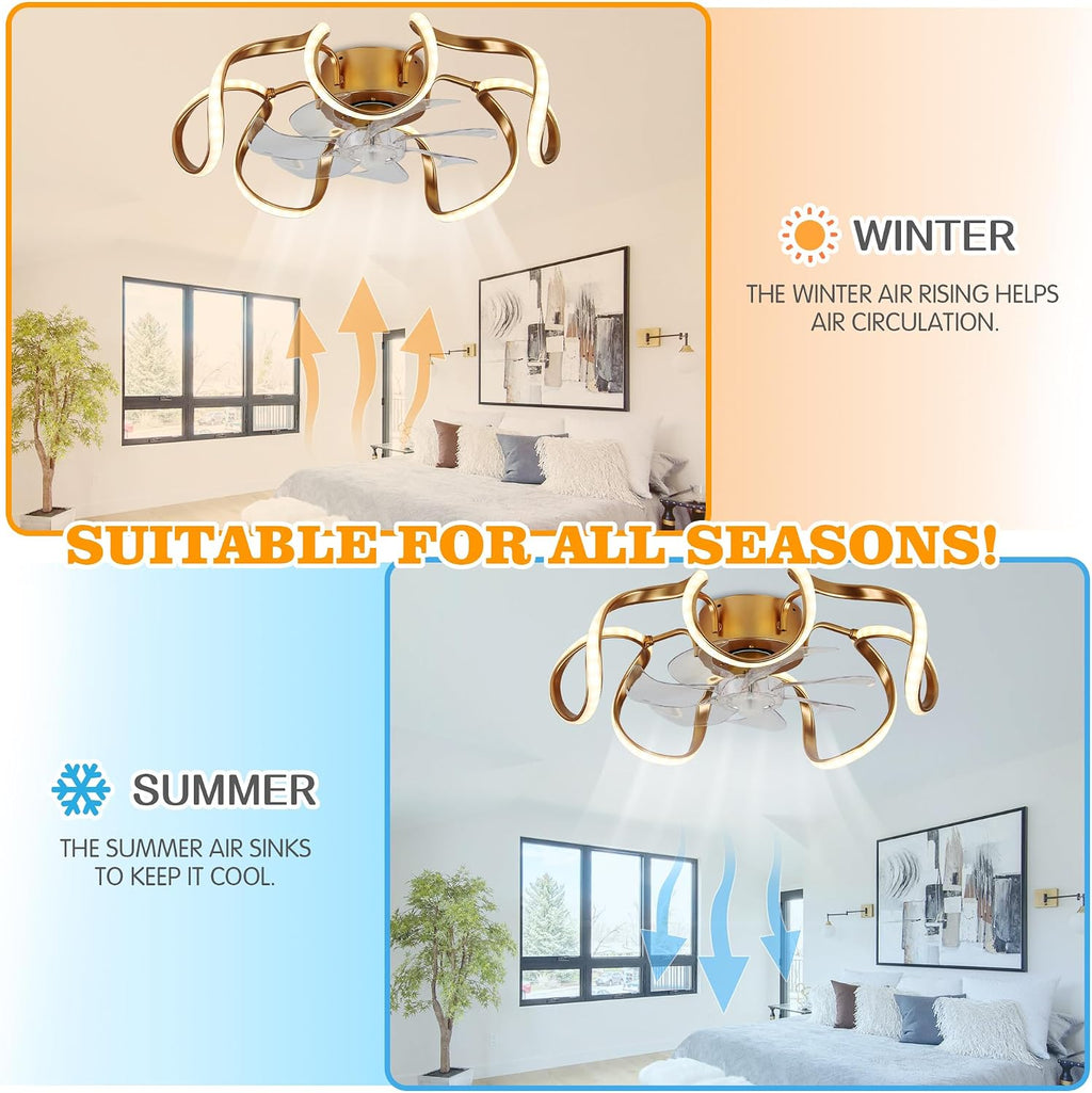 Bella Depot Modern Gold Ceiling Fan, Low Profile Chandelier Fan with Light, Flush Mount LED Ceiling Fan with Dimmable 3 Color LED Lights, Reversible, Timing, APP Control for Bedroom Kitchen