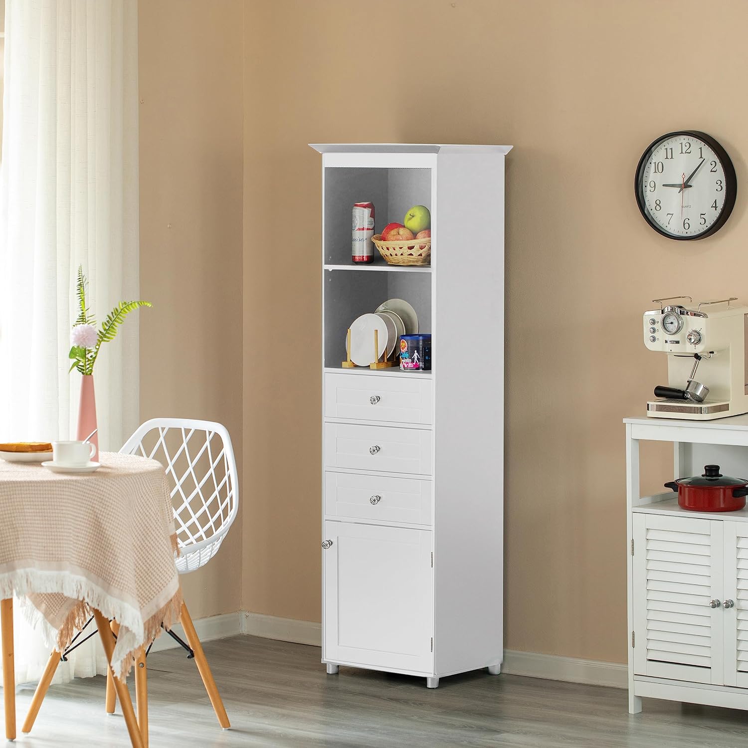 Basicwise Freestanding Storage Cabinet with Shelves Drawers & Door Linen Tower Organizer for Towels Toiletries and Essentials Floor Standing Cupboard for Bathroom or Laundry Room, White