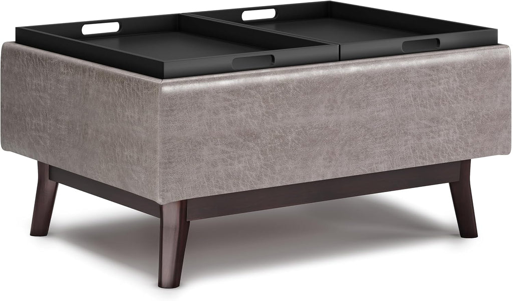 SIMPLIHOME Owen Tray Top Small Coffee Table Storage Ottoman - 34 inch Wide Upholstered Vegan Leather Rectangular Flip-Top Ottoman in Distressed Grey, Mid-Century Modern Ottoman for Living Room
