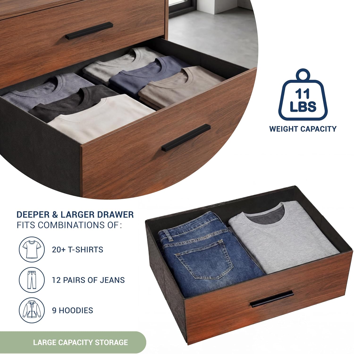 Modern 6-Drawer Dresser with Spacious Storage, Sturdy Wood Frame, Large Capacity Fabric Drawers, Dressers for Bedroom, Home Organization Storage for Living Room or Hallway, Walnut