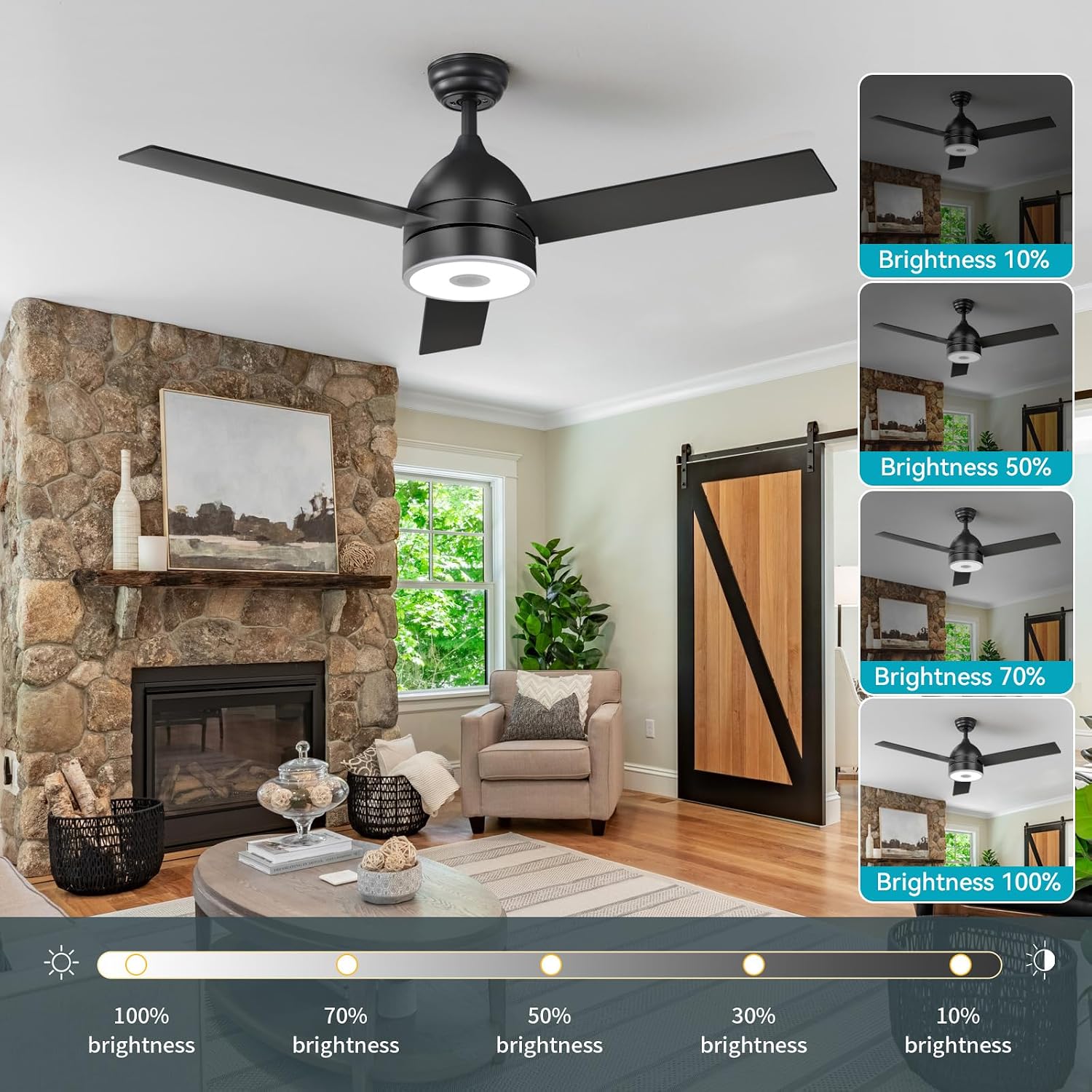 Black 52 Inch Ceiling Fan with RGB Dimming LED Light,with Music Bluetooth Speaker,with Remote Control,3-Speed Regulation, Reversible Motor,Timing,for Living Room,Bedroom,Restaurant