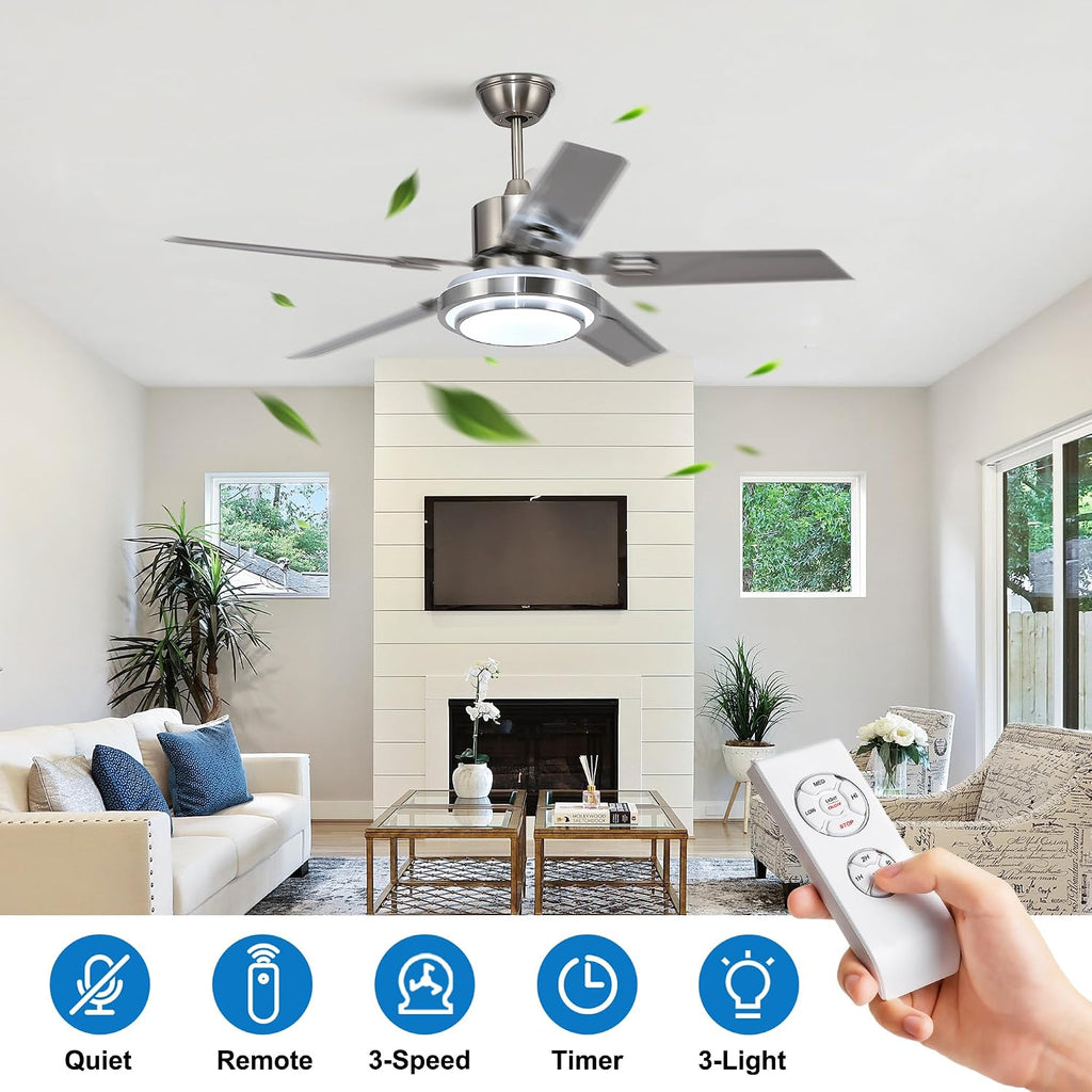 Modern Ceiling Fans with Lights Remote, 42'' Outdoor Ceiling Fan with Dimmable 3 Light Colors 3 Speed Reversible DC Motor, 5 Stainless Steel Blades Fandelier for Patio Porch Living Room