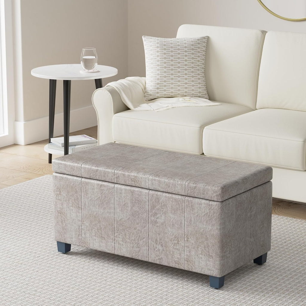 SIMPLIHOME Dover Storage Ottoman Bench - 36 inch Wide Upholstered Vegan Leather Rectangular Lift-Top Ottoman in Distressed Grey Taupe, Contemporary Bench for Living Room with Safety Hinges