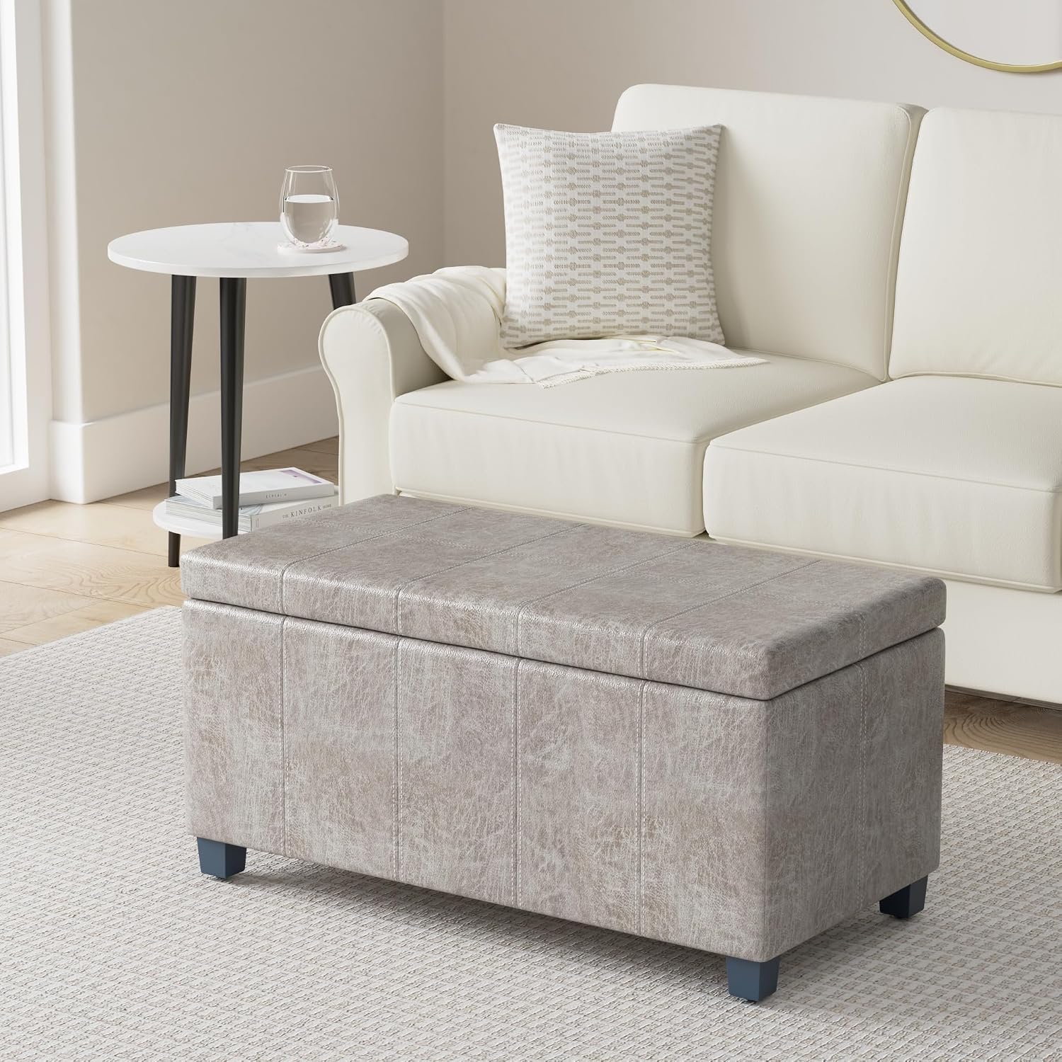 SIMPLIHOME Dover Storage Ottoman Bench - 36 inch Wide Upholstered Vegan Leather Rectangular Lift-Top Ottoman in Distressed Grey Taupe, Contemporary Bench for Living Room with Safety Hinges