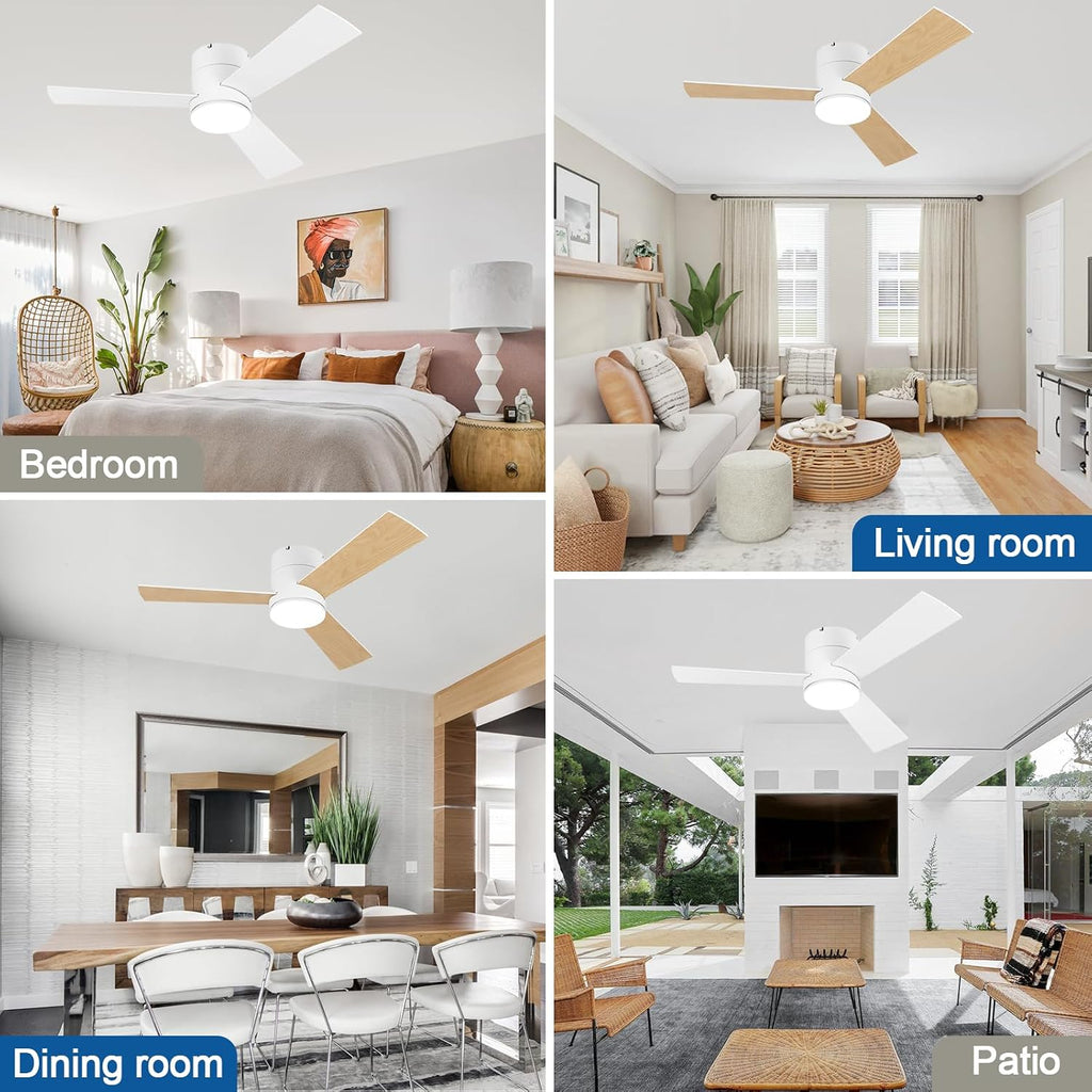 GESUM 42 Inch Ceiling Fan with Lights, Flush Mount Ceiling Fans with Remote Control, Dimmable, 3CCT, Reversible, White Outdoor Ceiling Fans for Patios Bedroom Kitchen Porch