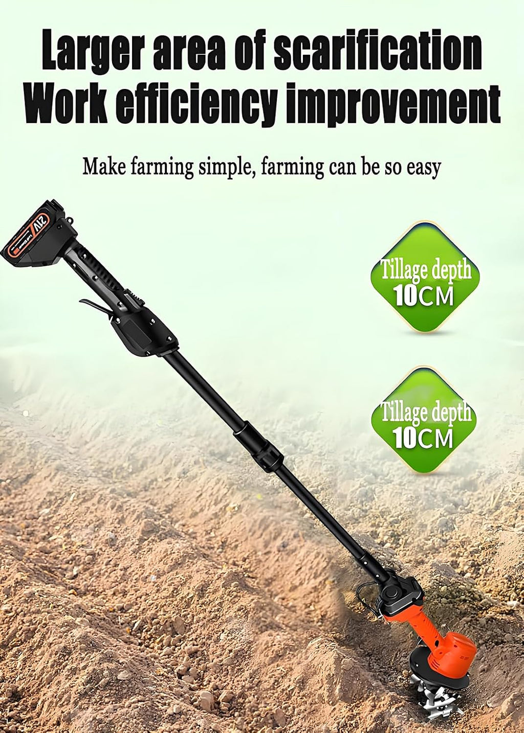 Lightweight Rototiller for Gardening, Electric Garden Tiller Cultivator, Working Width 10CM, with Electric Digging Hoe & Telescopic Pole 2 Batteries, for Lawn Gardening Soil Cultivation