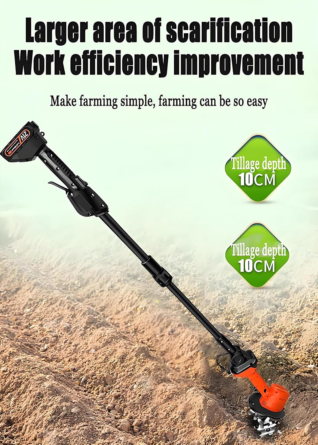 Lightweight Rototiller for Gardening, Electric Garden Tiller Cultivator, Working Width 10CM, with Electric Digging Hoe & Telescopic Pole 2 Batteries, for Lawn Gardening Soil Cultivation