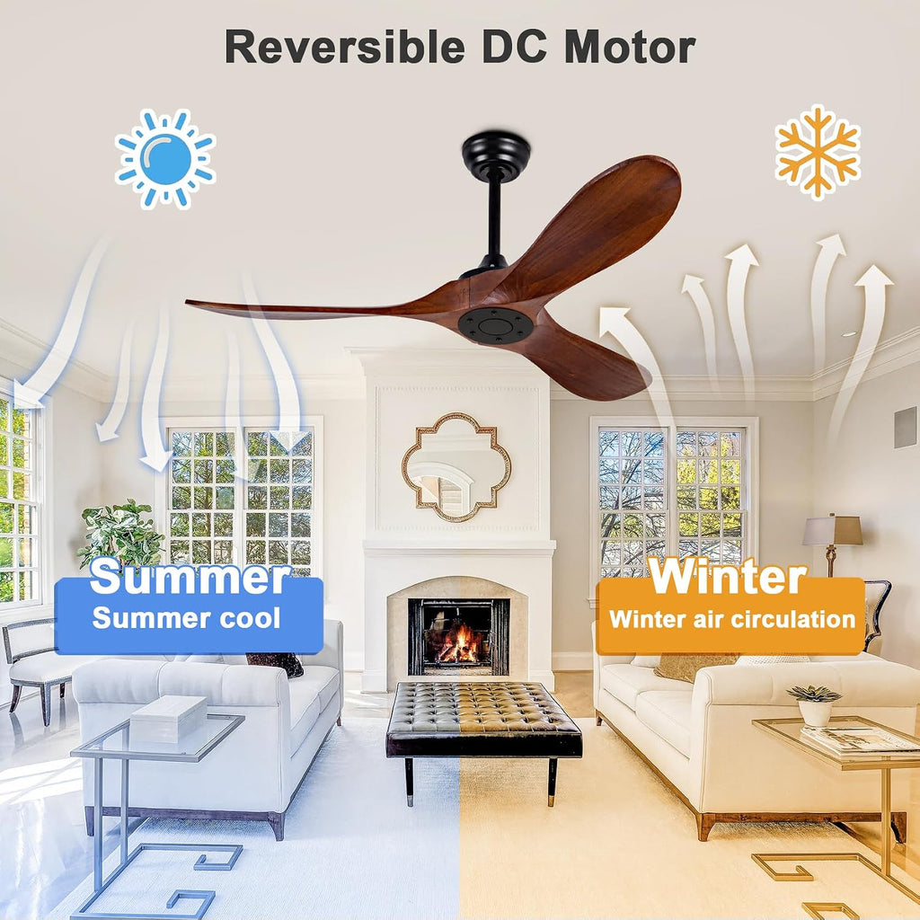 52-inch Ceiling Fan Without Light, with Remote Control, Reversible DC Motor, with 3 Solid Wood Blades, for Patio, Living Room, Bedroom, Farmhouse (Black + Walnut)