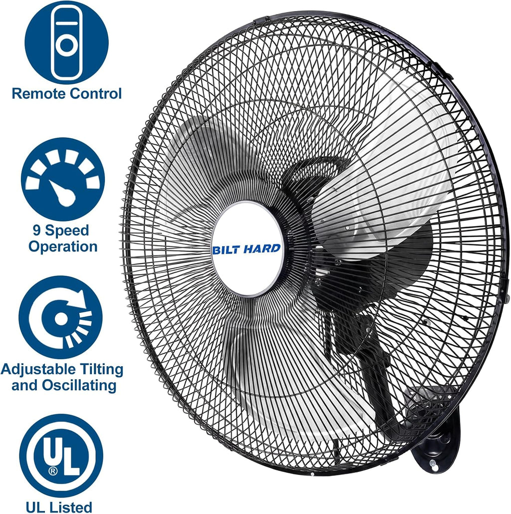 BILT HARD 20' 5200 CFM Wall Mounted Fan with Remote Control, 9-Speed Oscillating Wall Fan with DC Motor, High Velocity Whisper-Quiet Industrial Shop Fan for Garage, Warehouse