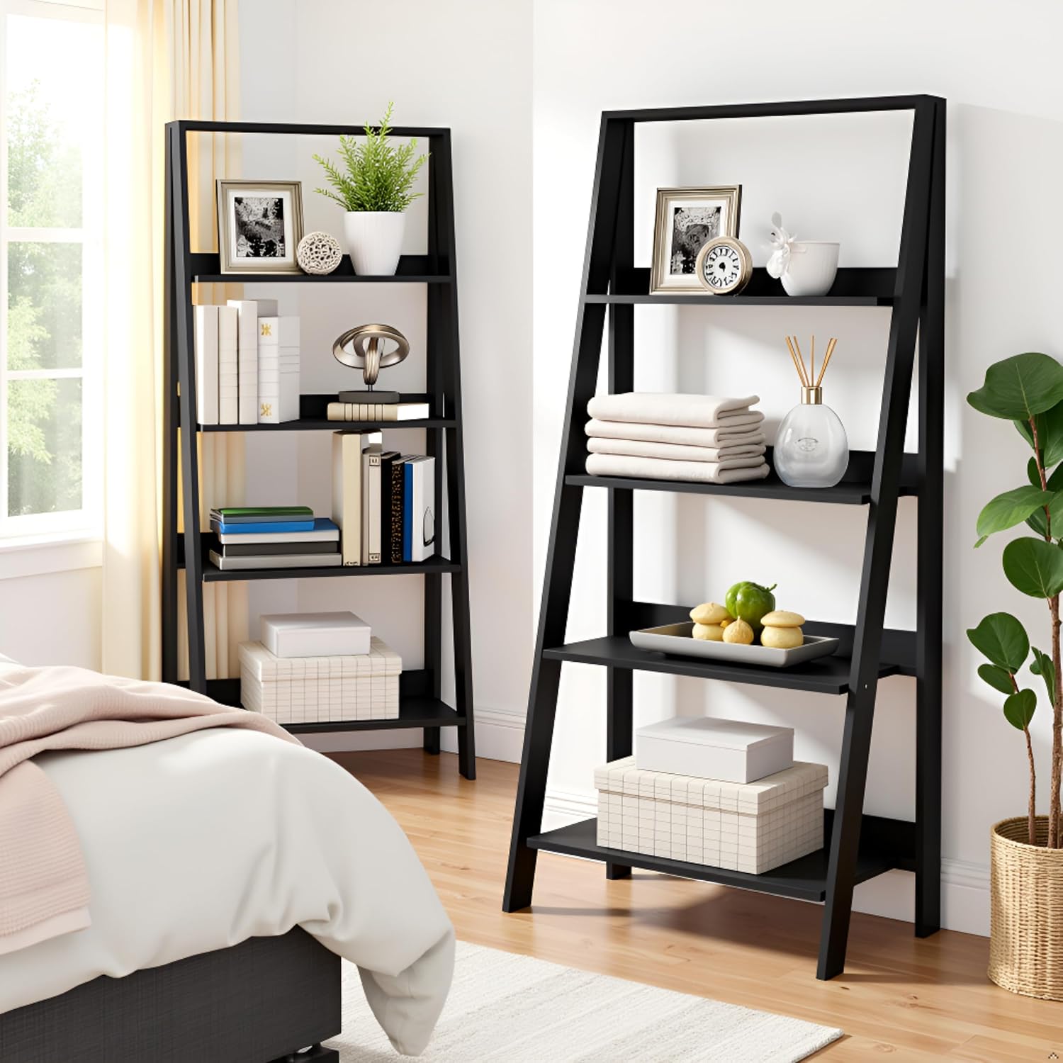 Lavish Home 4-Tier Ladder Shelf – Set of 2 Modern Freestanding Bookcases with Leaning Design for Storage & Display in Living Room, Bathroom, Kitchen or Home Office (Black)