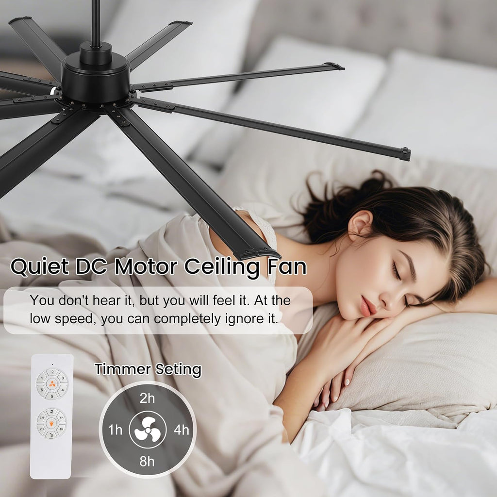 LEDLUX 72' Ceiling Fan No Light, Reversible DC Motor, 6 Speed Remote Control, Industrial 8 Aluminum Blades with 3 Downrods for Home or Commercial, Living Room/Warehouse Black