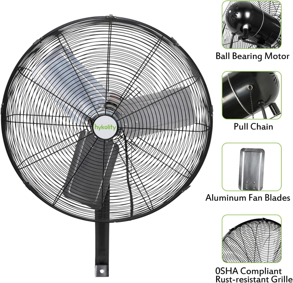 hykolity 6500 CFM 24 in. High Velocity Industrial Wall Fan, 3-Speed, Heavy Duty Wall Mount Oscillating Shop Fan for Commercial, Warehouse, Garage, Workshops, Factory and Jobsites- UL Listed