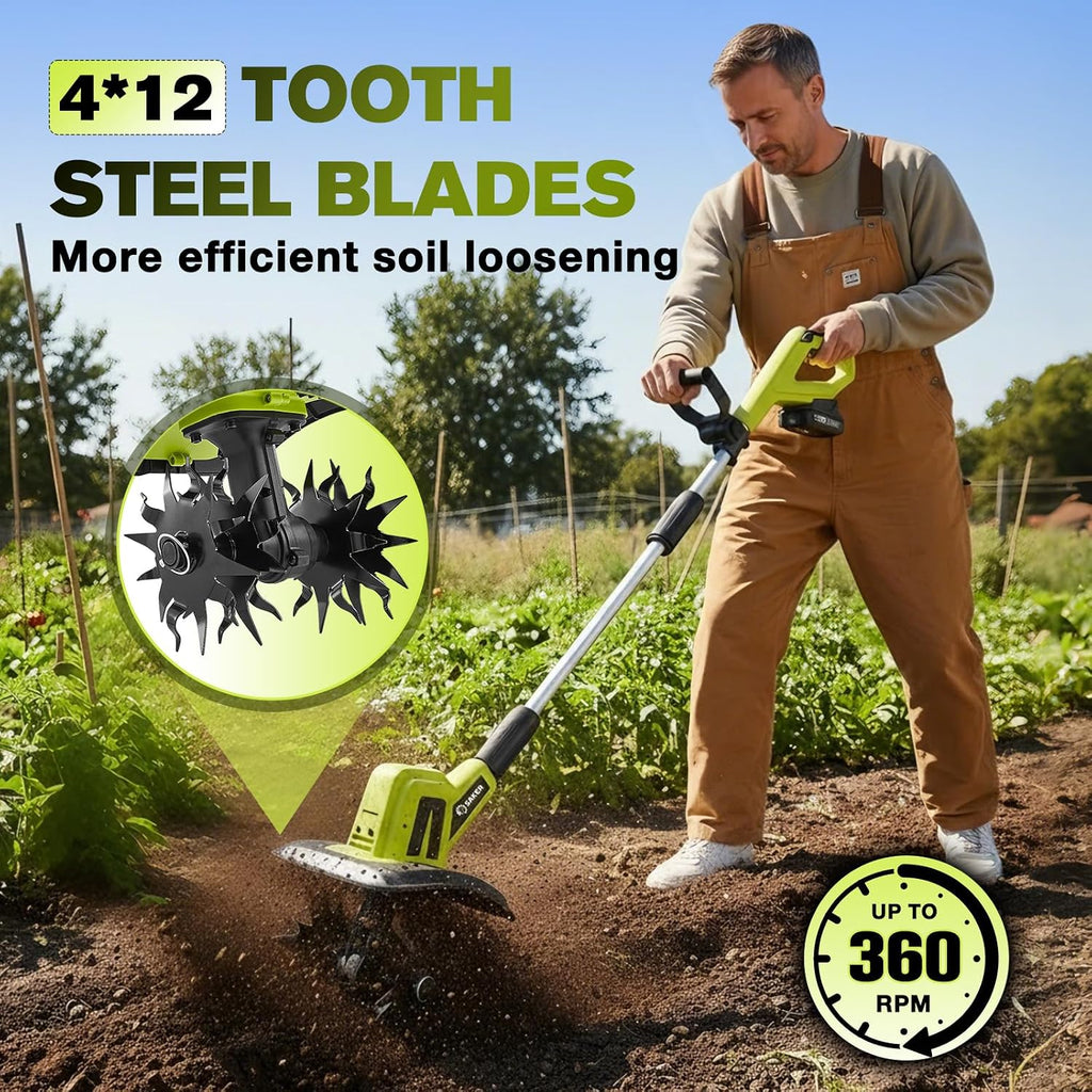 Saker Cordless Garden Tiller & Manual Lawn Aerator Tool Set, 22V Electric Rototiller Cultivator with 2 Batteries, 9' Width 6.3' Depth + 15-Spike Heavy Duty Lawn Aerator for Soil Preparation, Lawn Care