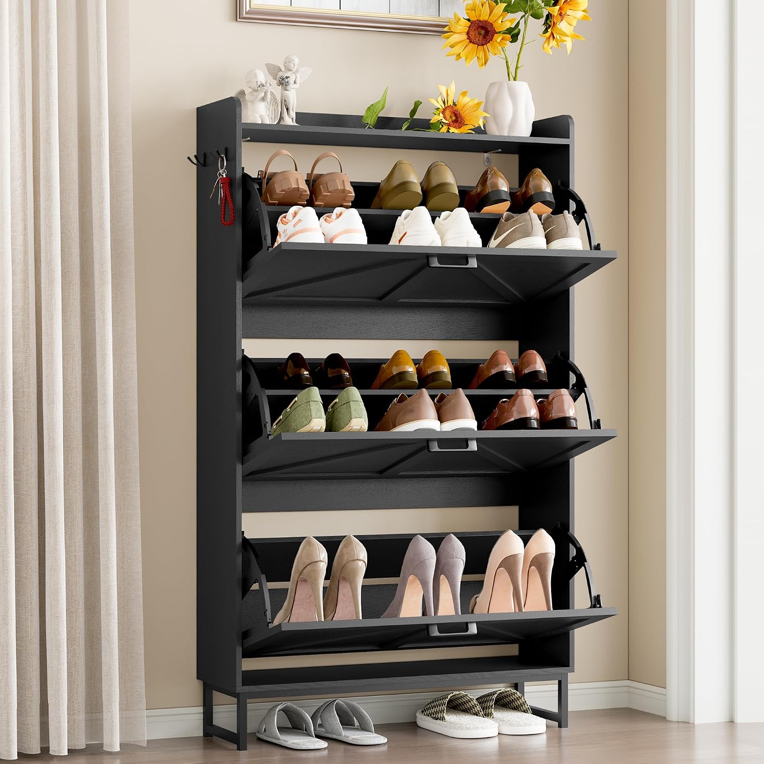 BORNOON Shoe Cabinet with 3 Flip Drawers Narrow Shoe Storage Cabinet Organizer Wooden Freestanding Shoe Rack Hidden Slim Shoes Storage Cabinet for Entryway, Hallway, Living Room, Bedroom