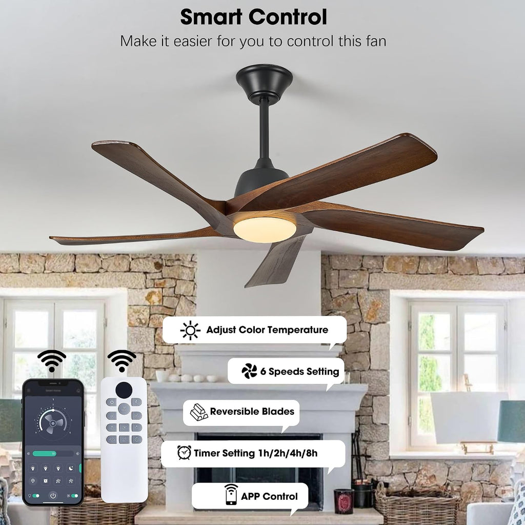 52' DC Ceiling Fan with Light, 5 Solid Wood Blades, Remote and APP Control, 3-color Dimmable, 6-speed Reversible, Quiet Ceiling Fan for Bedroom, Living Room, Dark Walnut