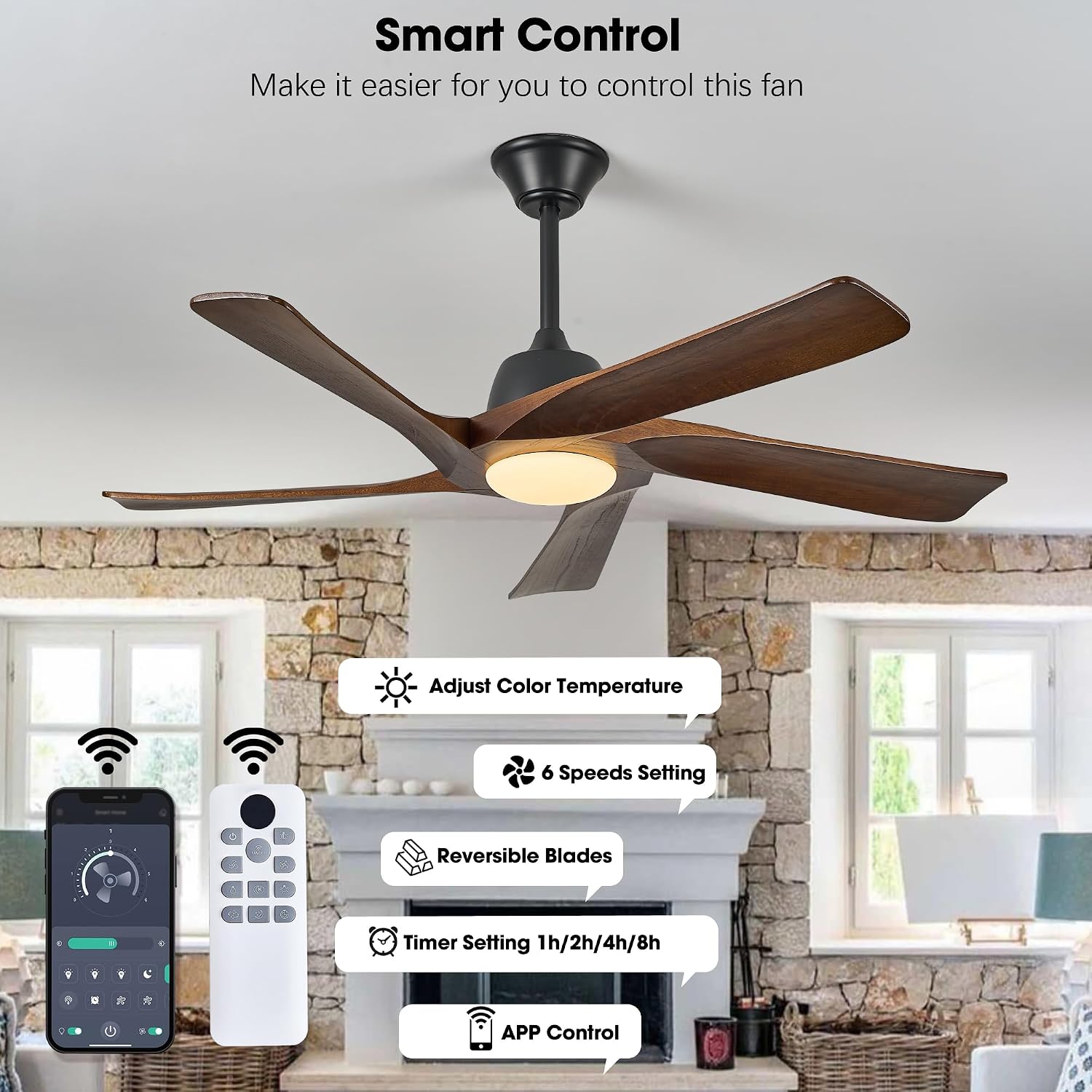 52' DC Ceiling Fan with Light, 5 Solid Wood Blades, Remote and APP Control, 3-color Dimmable, 6-speed Reversible, Quiet Ceiling Fan for Bedroom, Living Room, Dark Walnut