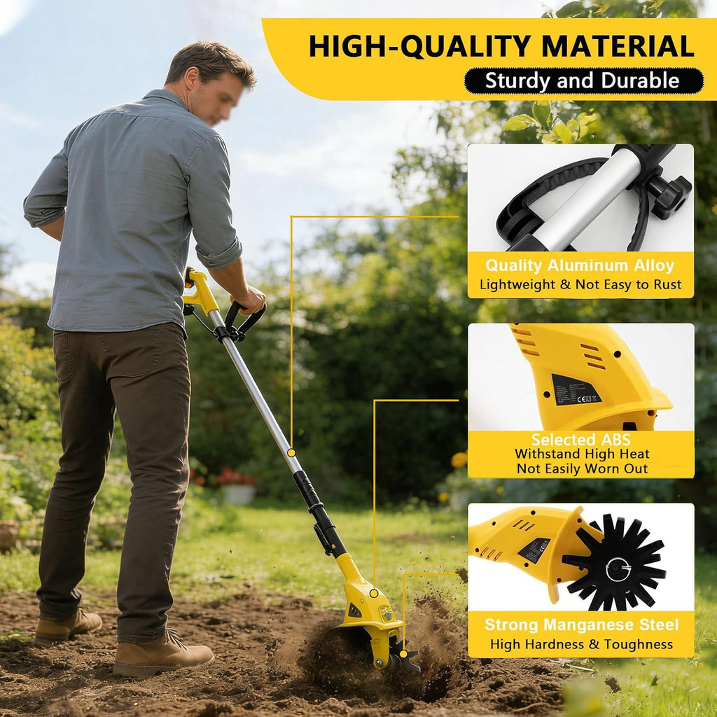 Cordless Tiller Cultivator with Extendable Pole, Mini Portable Rechargeable Battery Powered Tiller Rototillers for Gardening Farm Soil Cultivation 2Battery