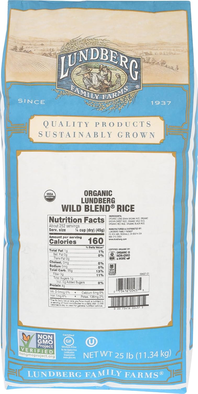 Lundberg Organic Wild Blend Rice, Bulk – Delicious Medley of Black, Brown, Red, & Wild Whole Grains, Kosher Certified, (25 Lb)