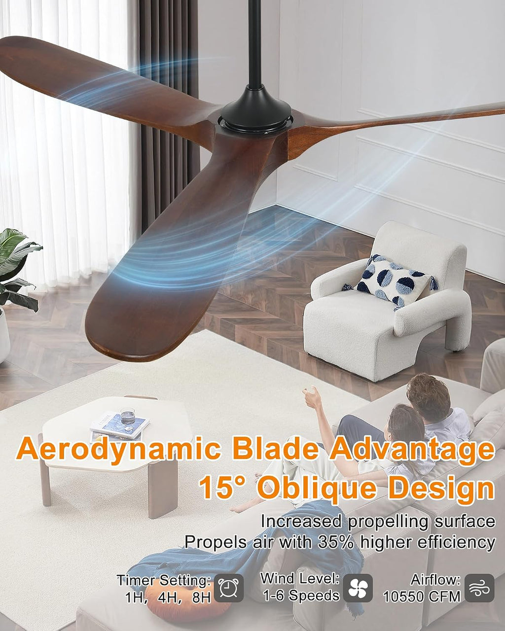 72' Smart Ceiling Fan without Lights, Wood Large Ceiling Fan with Remote Alexa Google App, 3 Blade Propeller for Patios Farmhouse Garage High CFM, Red Walnut
