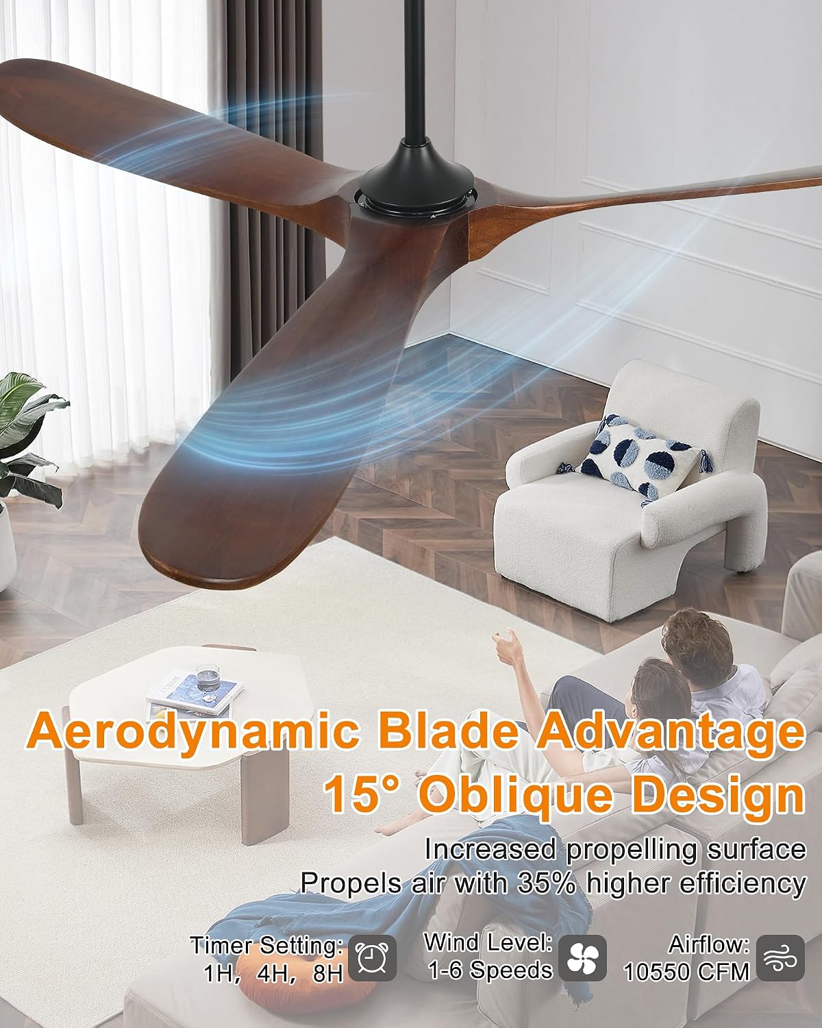 72' Smart Ceiling Fan without Lights, Wood Large Ceiling Fan with Remote Alexa Google App, 3 Blade Propeller for Patios Farmhouse Garage High CFM, Red Walnut