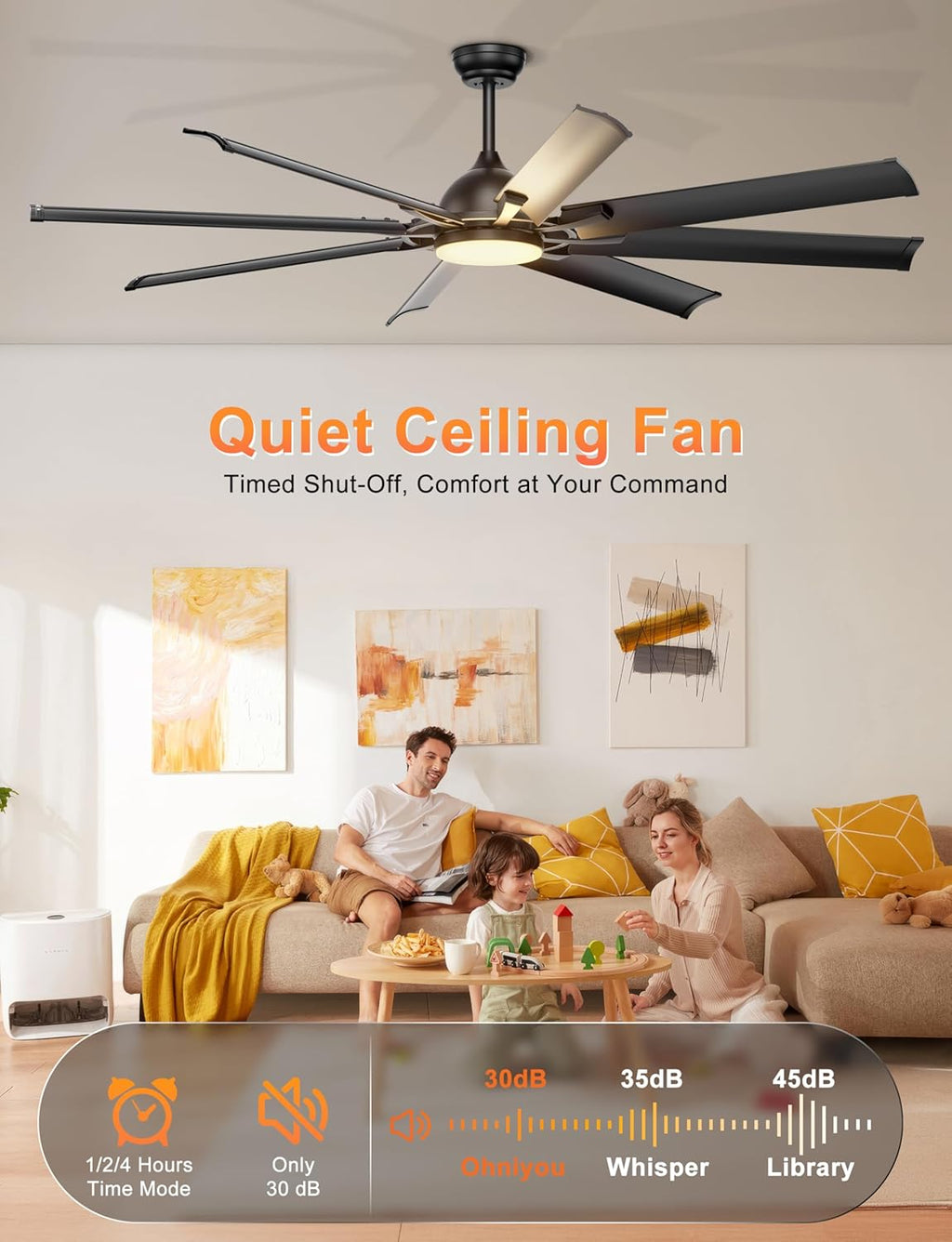 Ohniyou 72 Inch Industrial Ceiling Fan with Lights Remote Control, Black Large Ceiling Fan with 8 Aluminum Blades, 3 CCT, 6-Speed Quiet DC Motor for Living Room, Covered Outdoor, Shop, Garage