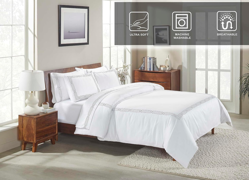Superior Egyptian Cotton 1200 Thread Count Embroidered 3-Piece Duvet Cover Set, 1 Duvet Cover, 2 Pillow Shams, Bedding Essentials Decor, Soft Comforter Cover, Full/Queen, White/Charcoal
