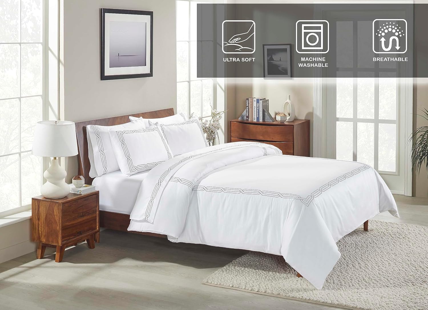 Superior Egyptian Cotton 1200 Thread Count Embroidered 3-Piece Duvet Cover Set, 1 Duvet Cover, 2 Pillow Shams, Bedding Essentials Decor, Soft Comforter Cover, Full/Queen, White/Navy Blue