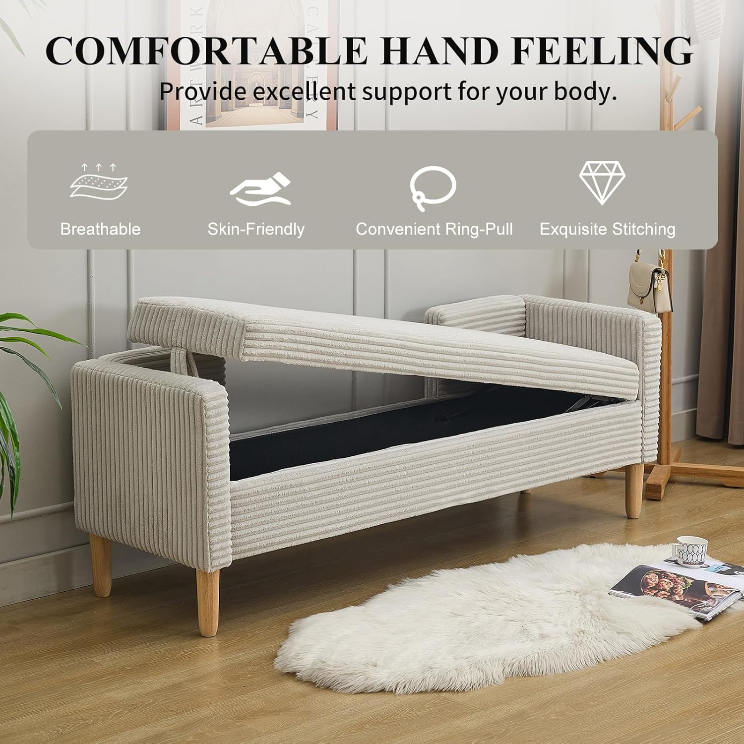 NIOIIKIT 65' Large Storage Ottoman Bench with 2 Pillows, Corduroy Upholstered Entryway Bench with Wood Leg, End of Bed Bench with Straight Armrest, Window Bench for Bedroom, Entryway (Light Grey)