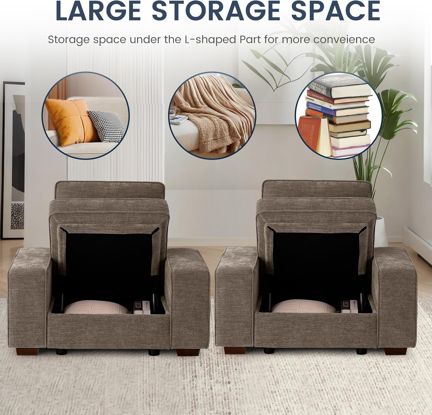 TEKAMON 45' Accent Chair with Seat Storage, Oversized Single Sofa Chair, Modern Chenille Fabric Armchair for Living Room/Office with Wide Armrests, Side Pockets, USB/Washable Covers(Brown)