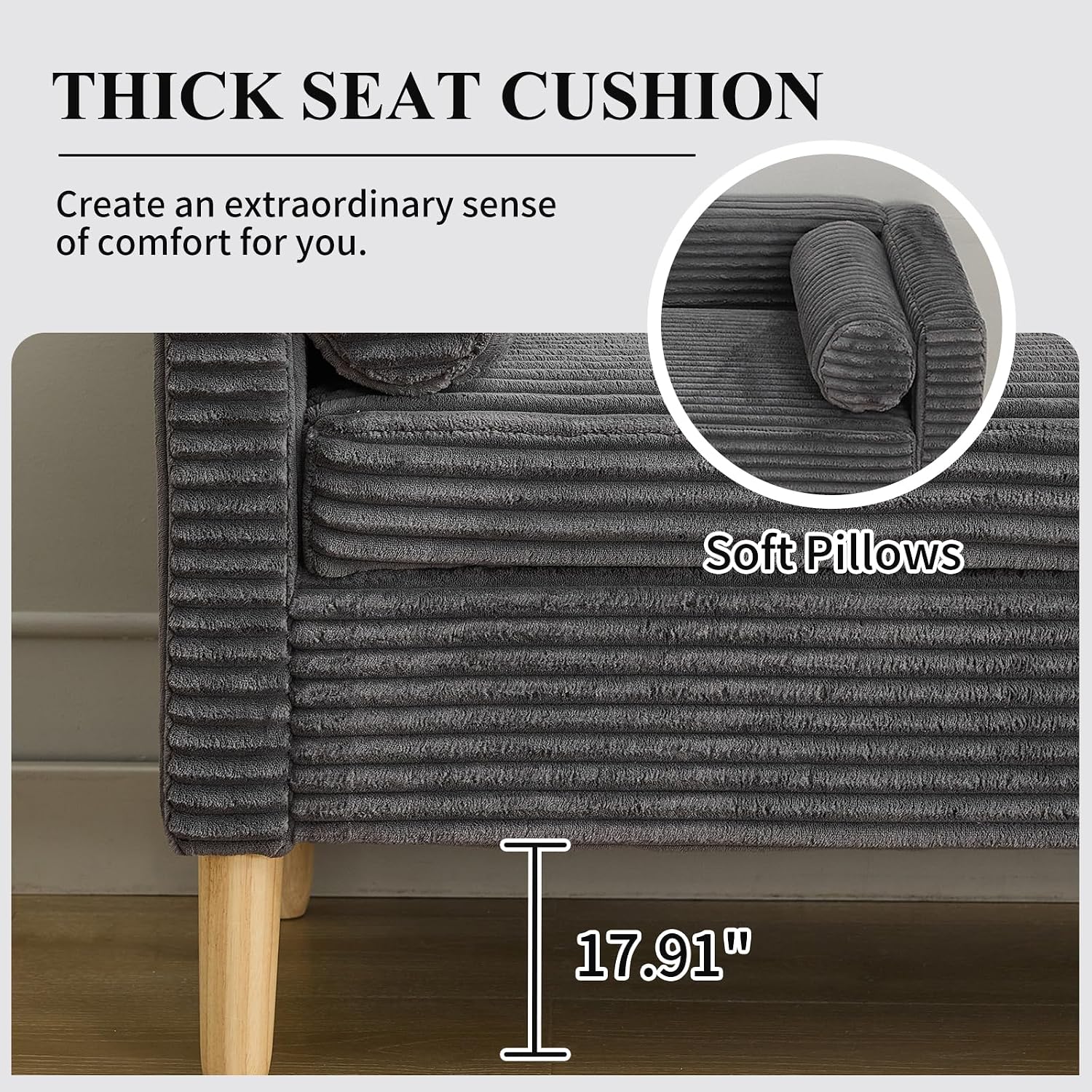 NIOIIKIT 65' Large Storage Ottoman Bench with 2 Pillows, Corduroy Upholstered Entryway Bench with Wood Leg, End of Bed Bench with Straight Armrest, Window Bench for Bedroom, Entryway (Dark Grey)