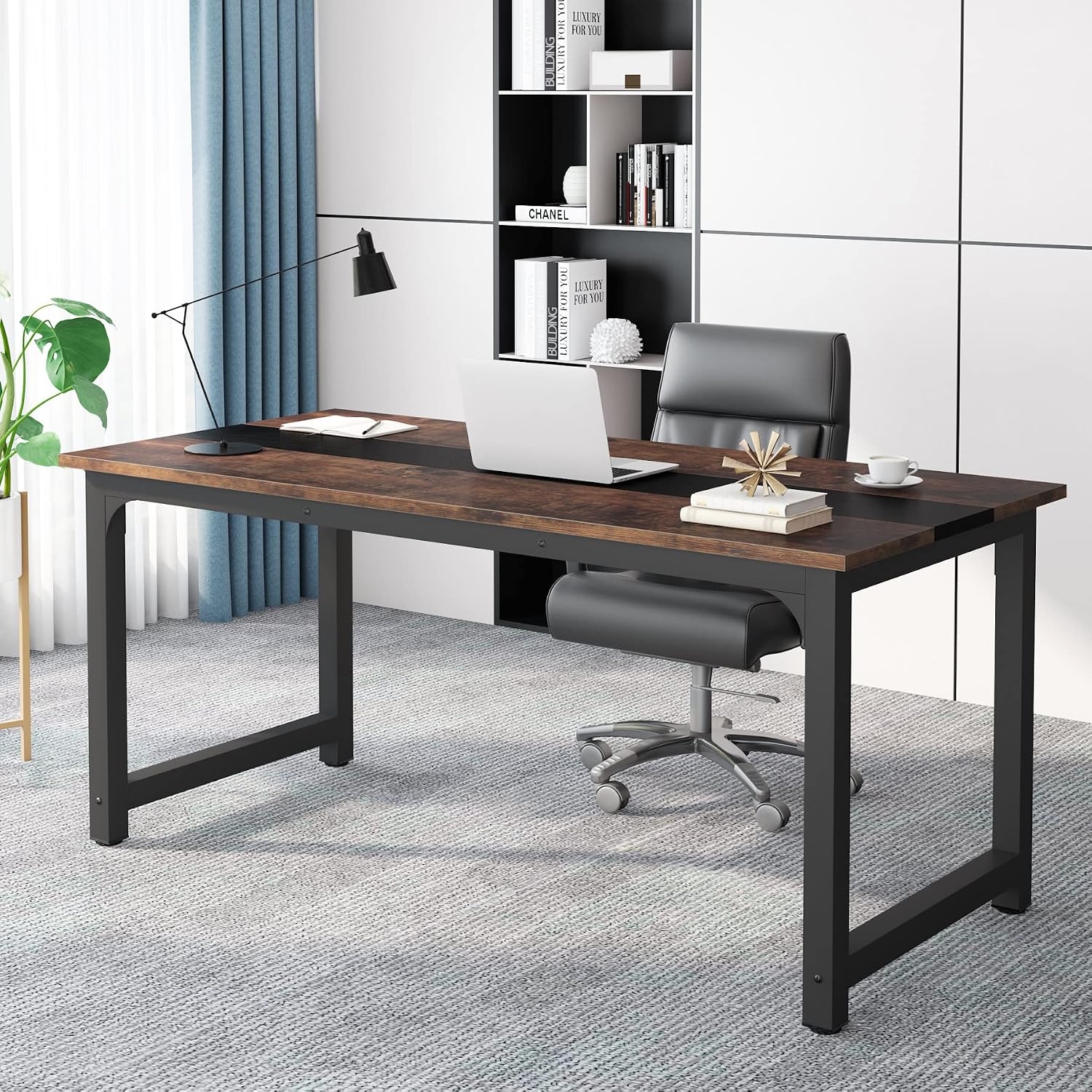 Tribesigns 70.8'Executive Desk, Large Office Computer Desk with Thicken Frame, Modern Simple Workstation Business Furniture for Home Office, Vintage Brown/Black
