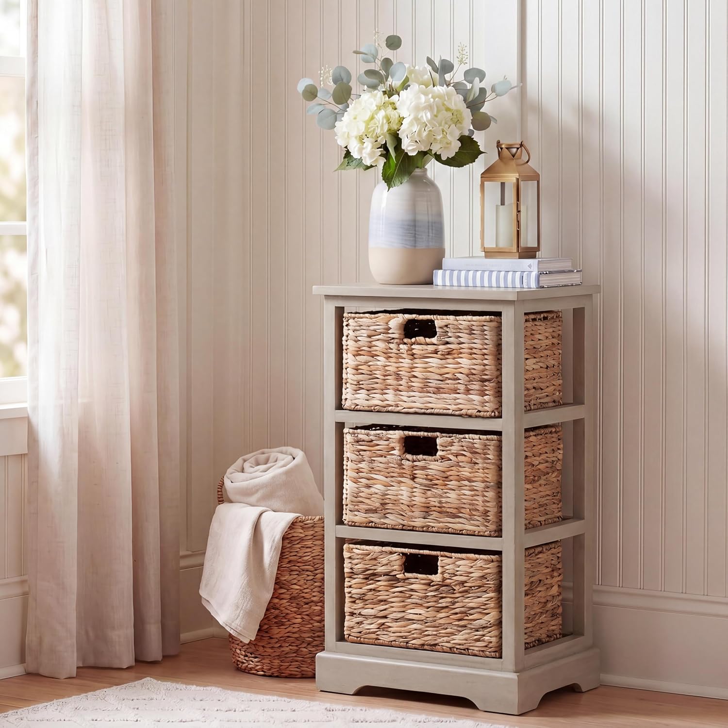 SAFAVIEH Furniture - Halle 3-Basket Side Table - Vintage Grey - Solid Wood - Coastal Basket Storage Design - Ideal for Living Room, Entryway, 17.5' W x 13.5' D x 29.5' H - Fully Assembled (AMH5738D)