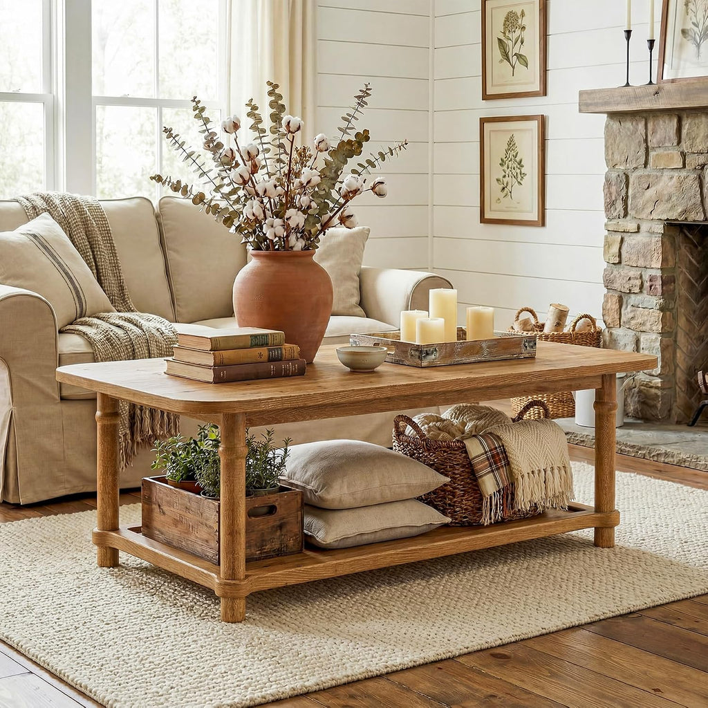 47' Rectangle Coffee Table, Solid Wood Center Table with 2-Tier Storage, Modern Farmhouse Coffee Furniture for Living Room, Home & Family Room, Light Brown