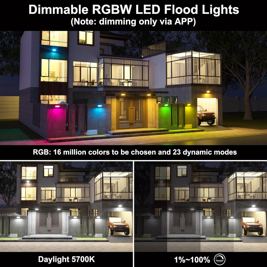 LED Flood Light Outdoor 800W Equivalent 8000LM, Smart RGB Color Changing Landscape Lighting with APP Control, IP66 Waterproof Outdoor LED Lights Daylight 5700K, DIY Scenes, Timing Floodlights, 4 Pack