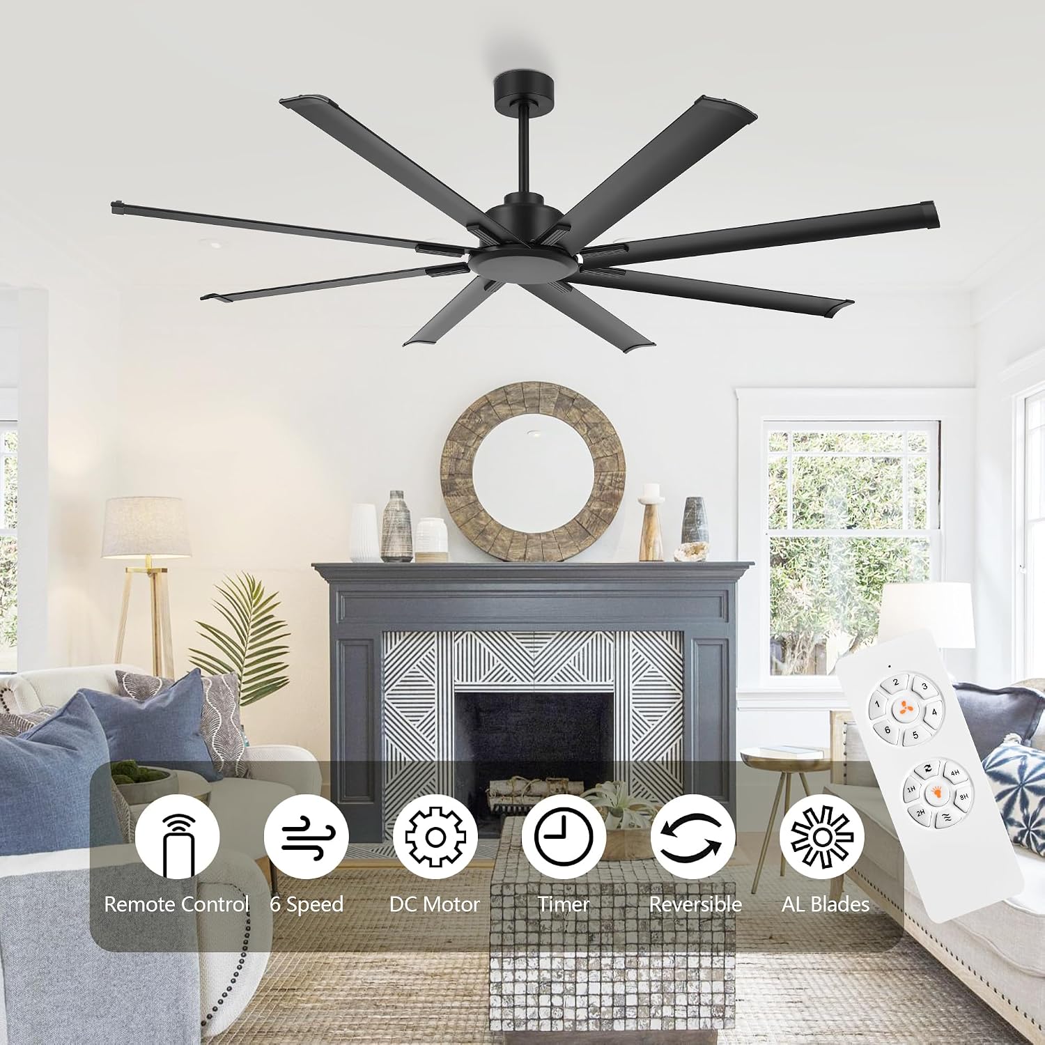 LEDLUX 72' Ceiling Fan No Light, Reversible DC Motor, 6 Speed Remote Control, Industrial 8 Aluminum Blades with 3 Downrods for Home or Commercial, Living Room/Warehouse Black