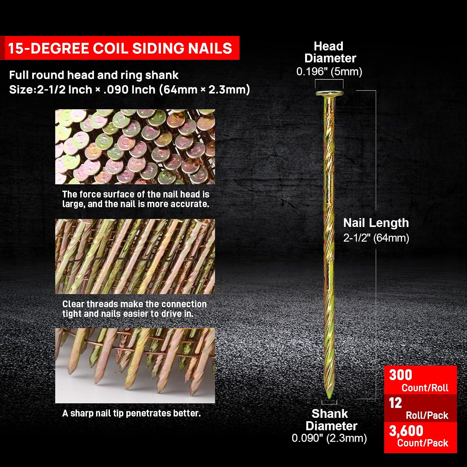 15 Gauge 1-1/4-Inch to 2-1/2-Inch Siding Nail Gun and 3600 Count 2-1/2' x .090 Coil Nails Set
