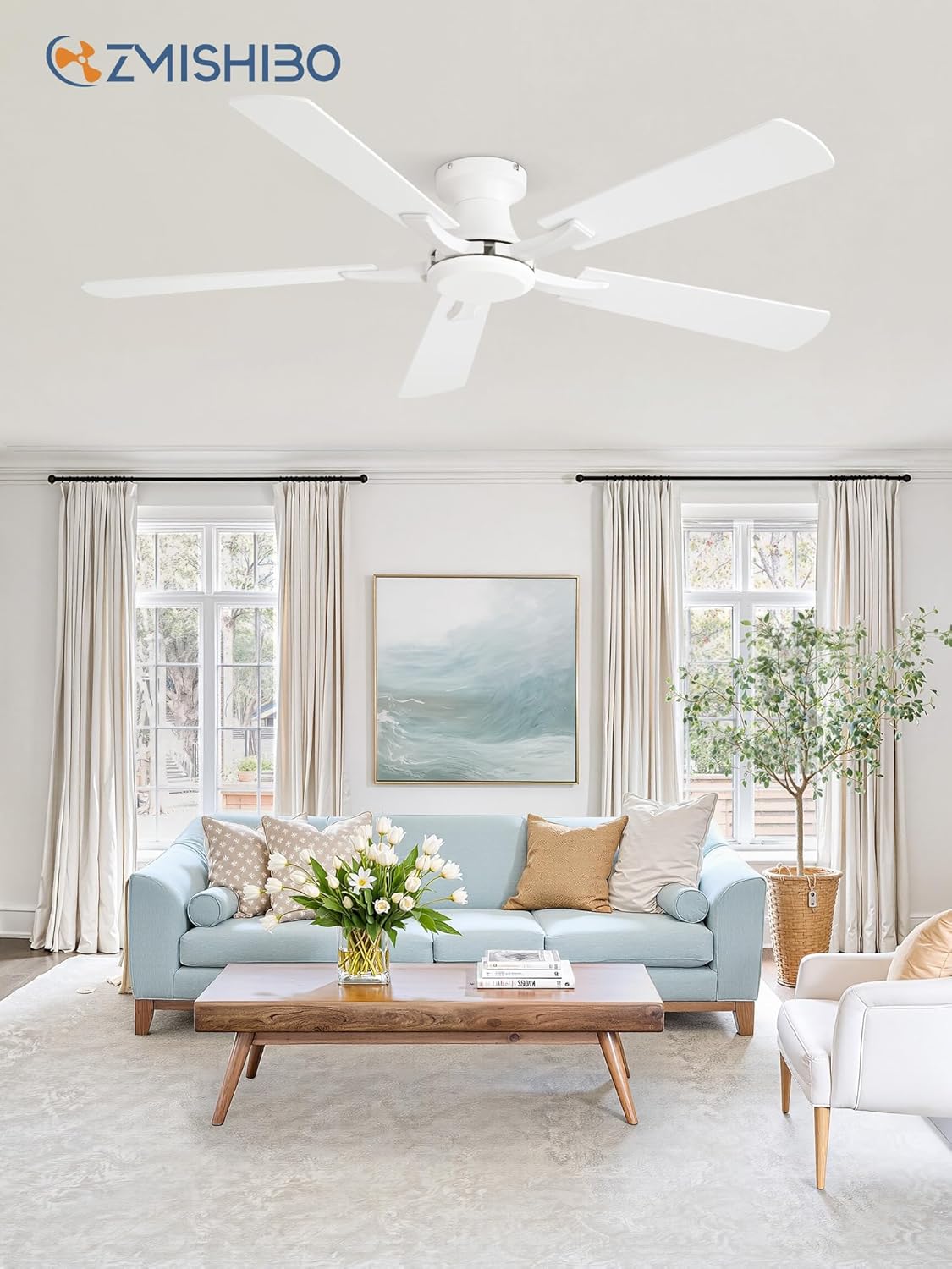 ZMISHIBO 52 Inch Ceiling Fan No Light, Flush Mount Low Profile, Modern White Ceiling Fan Without Light, Remote Control & Quiet DC Motor, for Indoor&Outdoor, Bedroom, Living Room