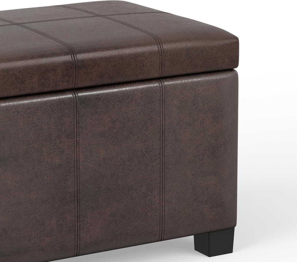 SIMPLIHOME Dover Storage Ottoman Bench - 36 inch Wide Upholstered Vegan Leather Rectangular Lift-Top Ottoman in Distressed Brown, Contemporary Bench for Living Room with Safety Hinges