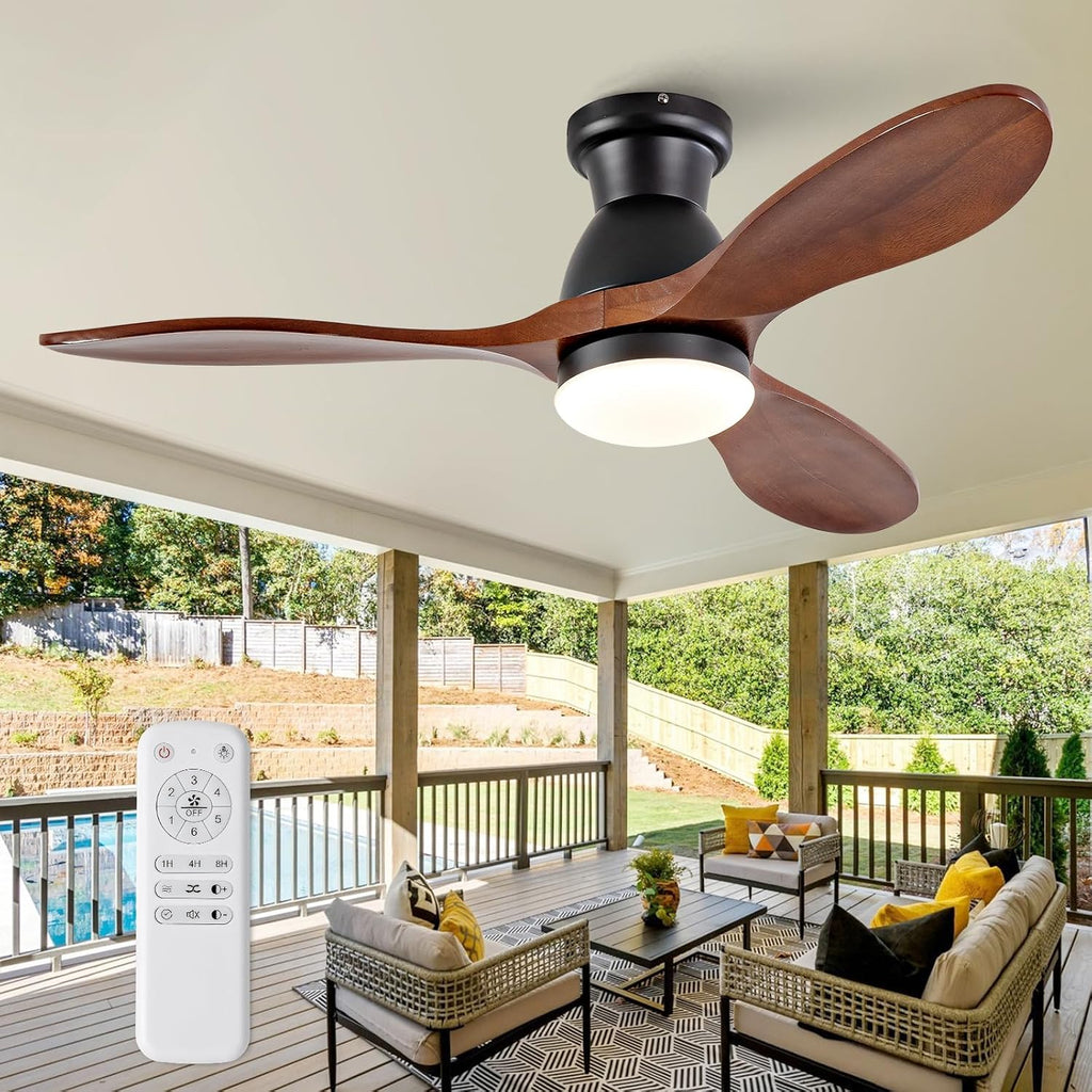 42 Inch Flush Mount Ceiling Fans with Lights and Remote, Dimmable 3 Blades Wood Bedroom Ceiling Fan with Lights Low Profile Ceiling Fan with Light Black Outdoor Ceiling Fans for Patios Living Room