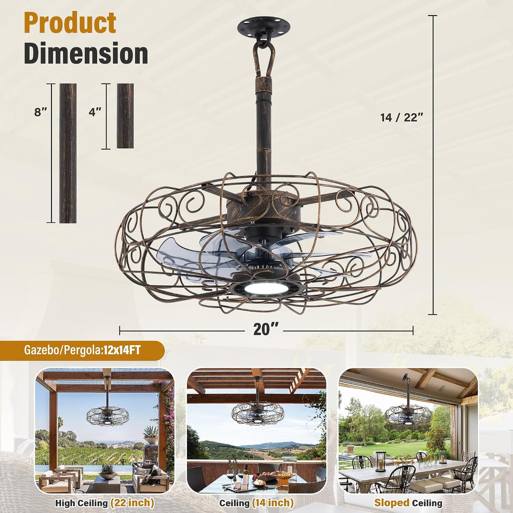 Outdoor Ceiling Fan for Gazebo 20',IP65 Waterproof Plug in Ceiling Fans with Lights and Remote/APP,3CCT 6-Speed Hanging Fan for Patios Porch Pergola(Bronze)